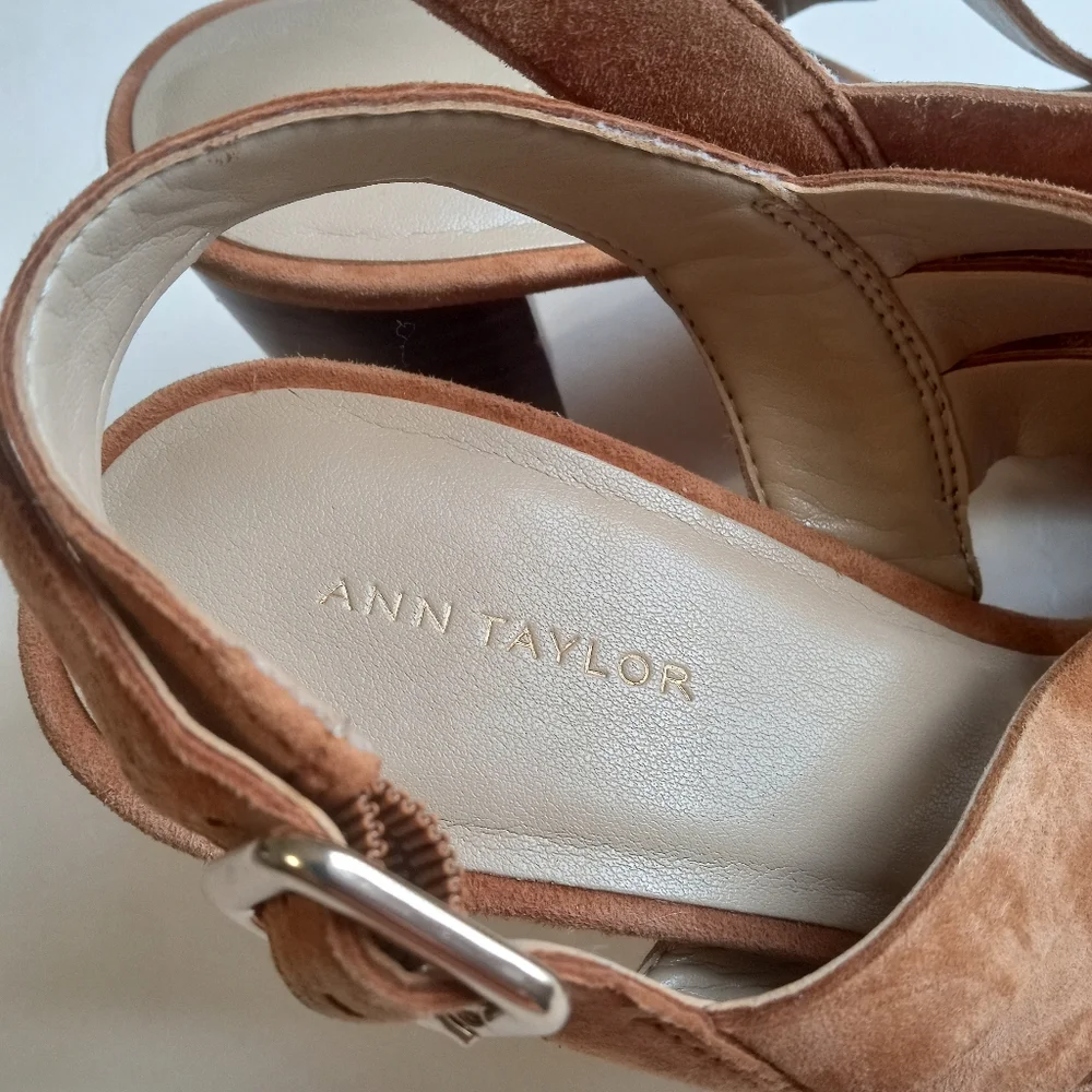 Ann Taylor Camel Suede Woven Brown Block Heel Sandals